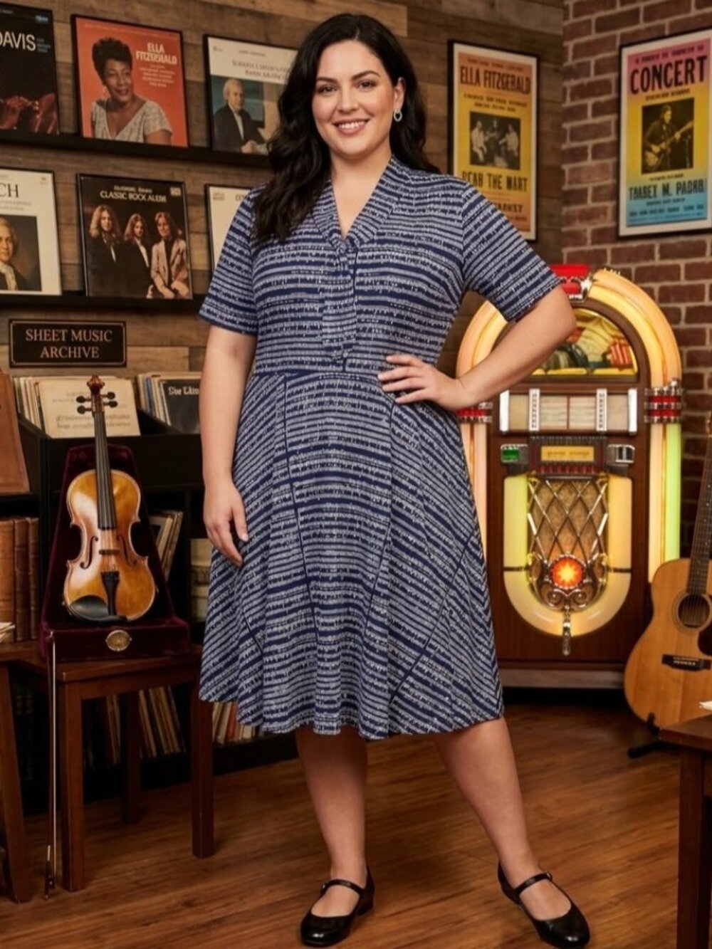 Effies Heart Womens 4X Navy Blue Sheet Music Print Short Sleeve Tie Neck Dress